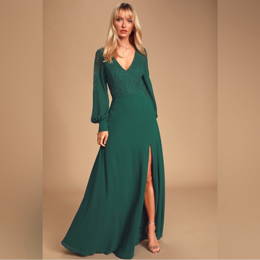 Lulu's Astra Forest Green Longsleeve Backless Lace Dress